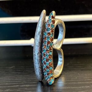 Silvertone Double Ring with Blue and Orange Gemstones